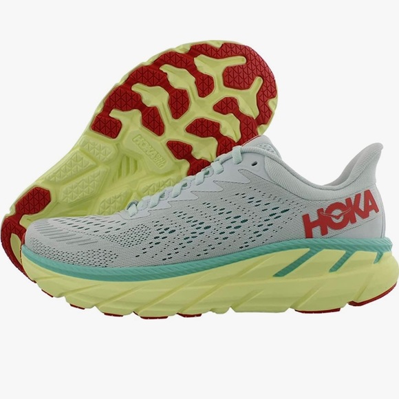 Hoka One One Shoes - Hoka One One Women’s Clifton 7 Morning Mist / Hot Coral size 7.5D